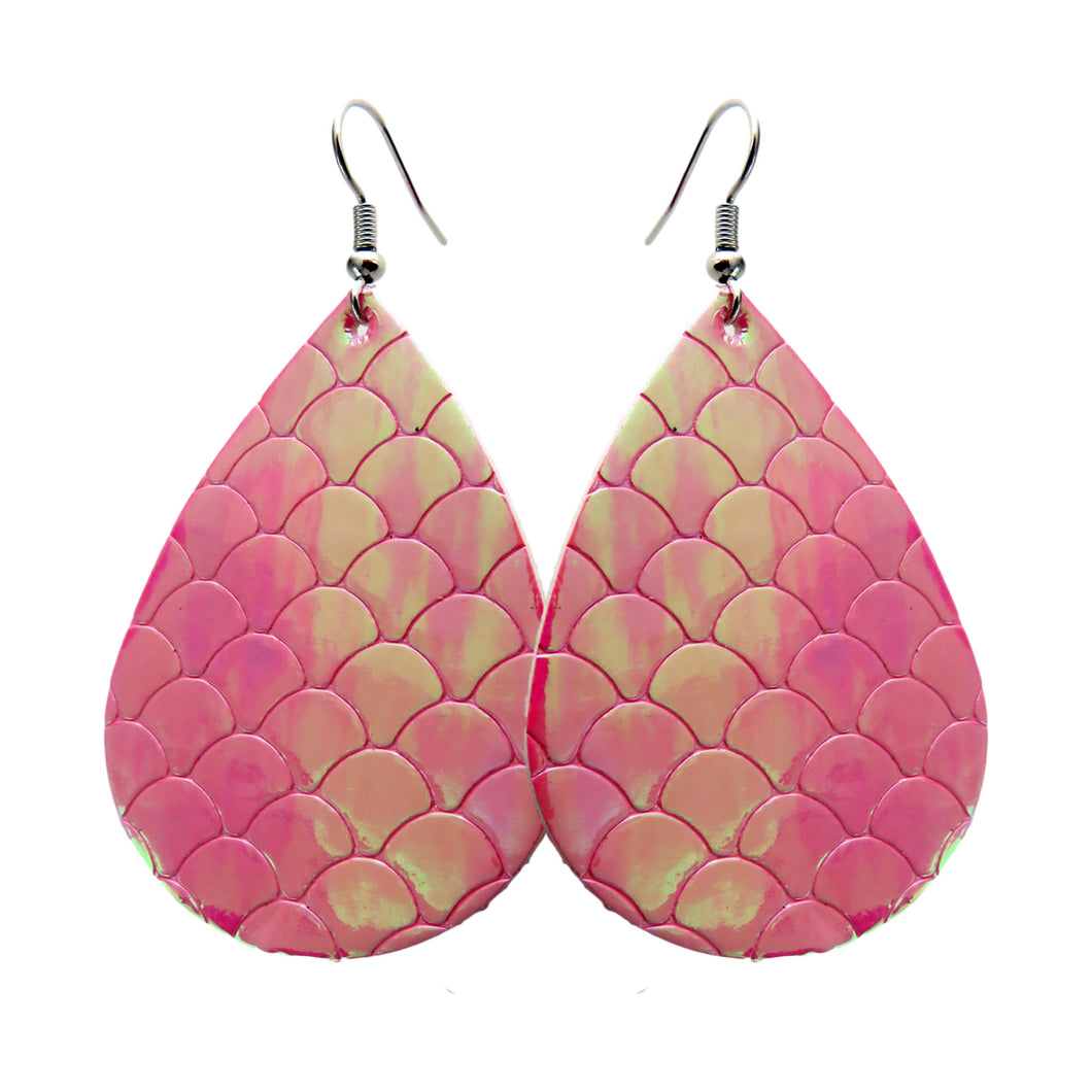 Pink Holographic Mermaid Textured Tear Drop Style Earrings