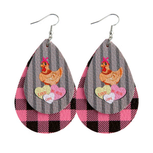 Sassy Chicken, Hearts and Pink Plaid Layered Earrings