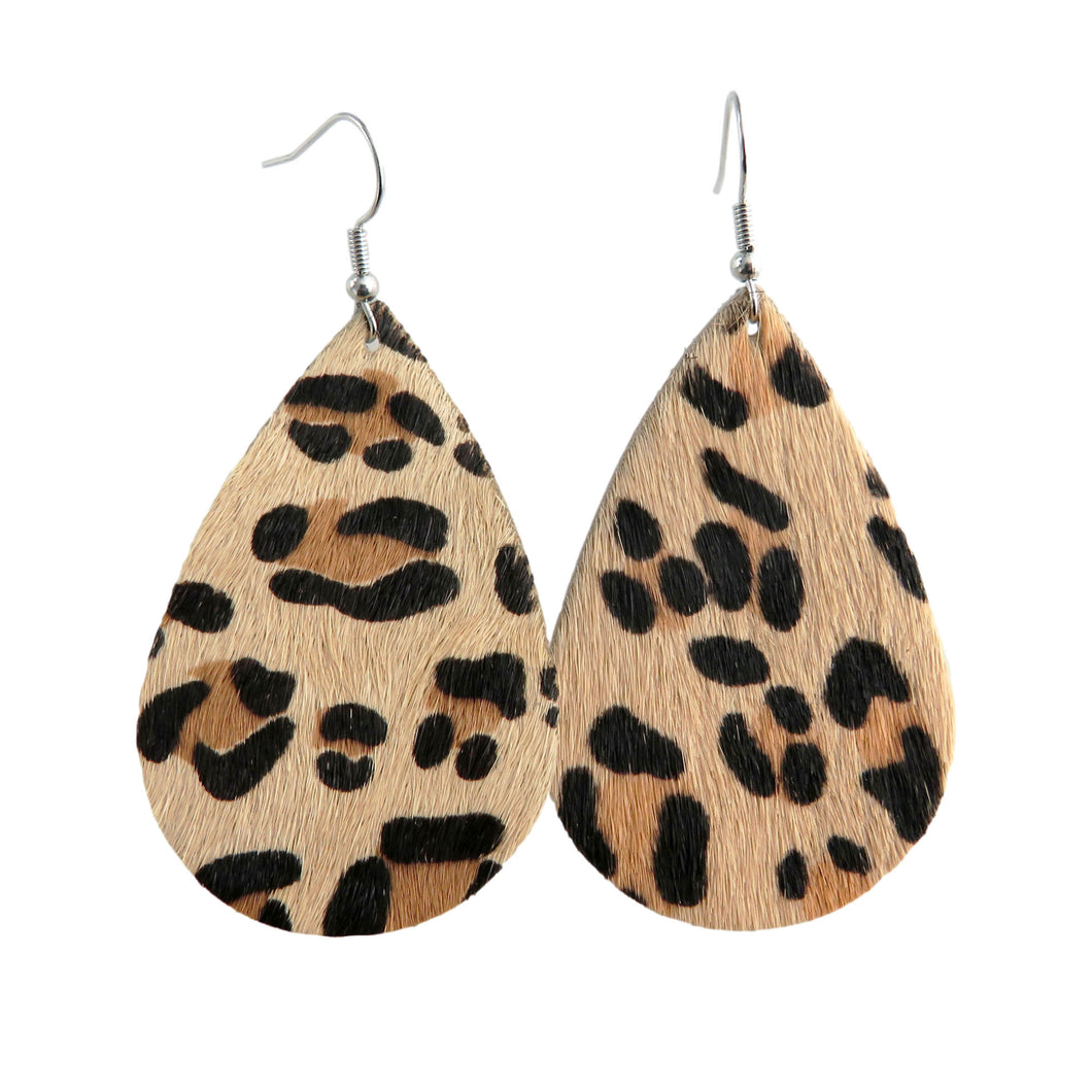 Faux Horse-Hair Beige Leopard Print Tear Drop Earrings
