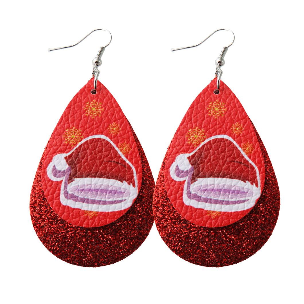 Layered Red Santa Hat & Red Glitter Backdrop Earrings