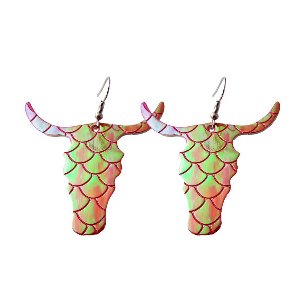Red Holographic Mermaid Textured Bull Style Earrings