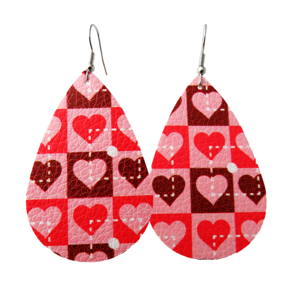 Red & Pink Hearts Pattern Tear Drop Earrings