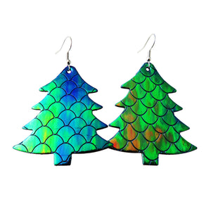 Blue Holographic Mermaid Textured Tree Style Earrings