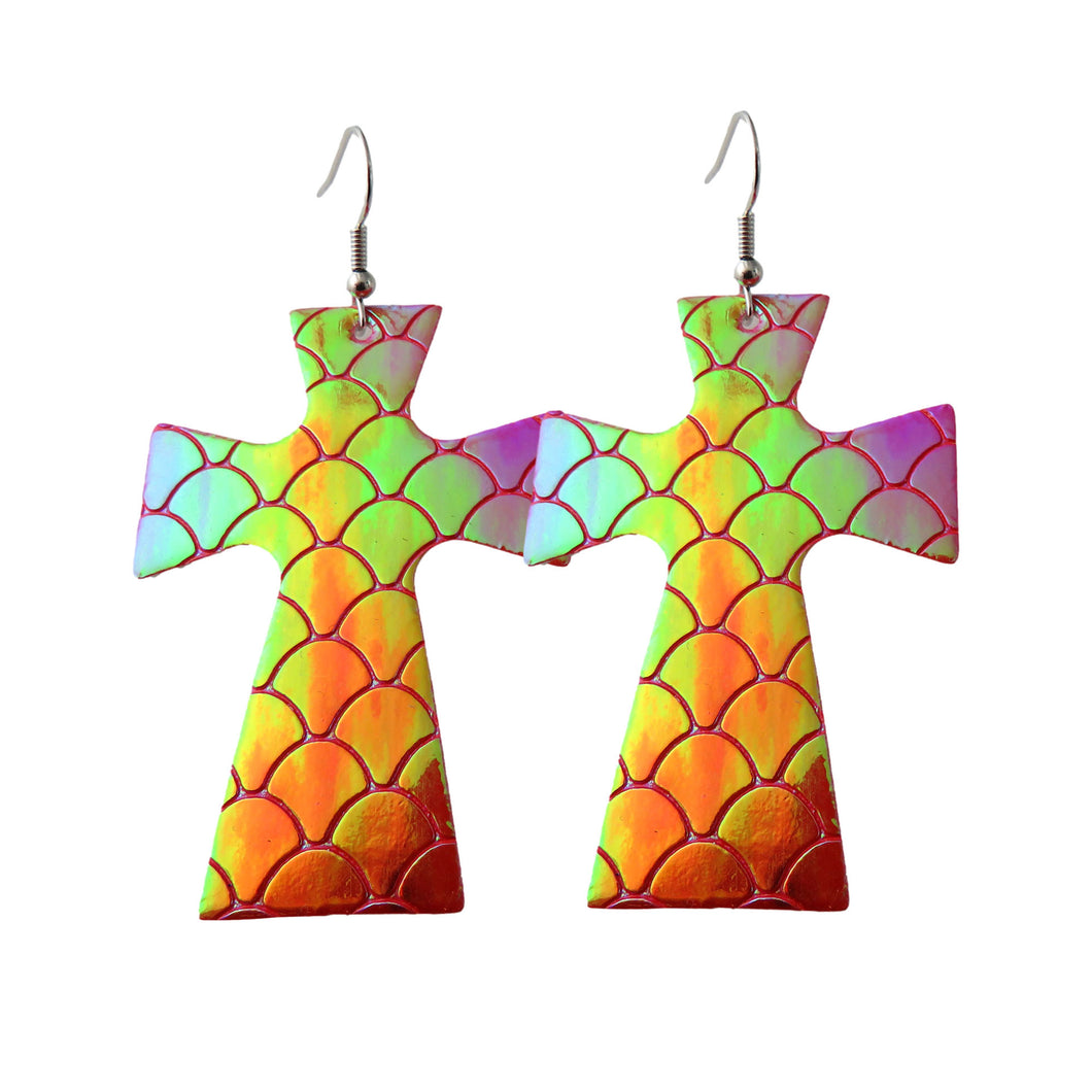 Red Holographic Mermaid Textured Cross Style Earrings