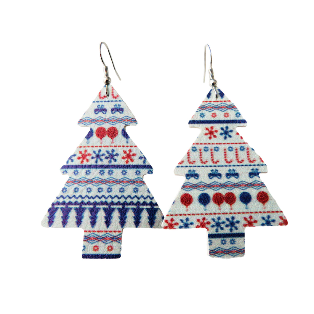Blue & Red Christmas Sweater Pattern Tree Earrings