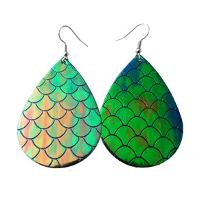 Blue Holographic Mermaid Textured Tear Drop Style Earrings
