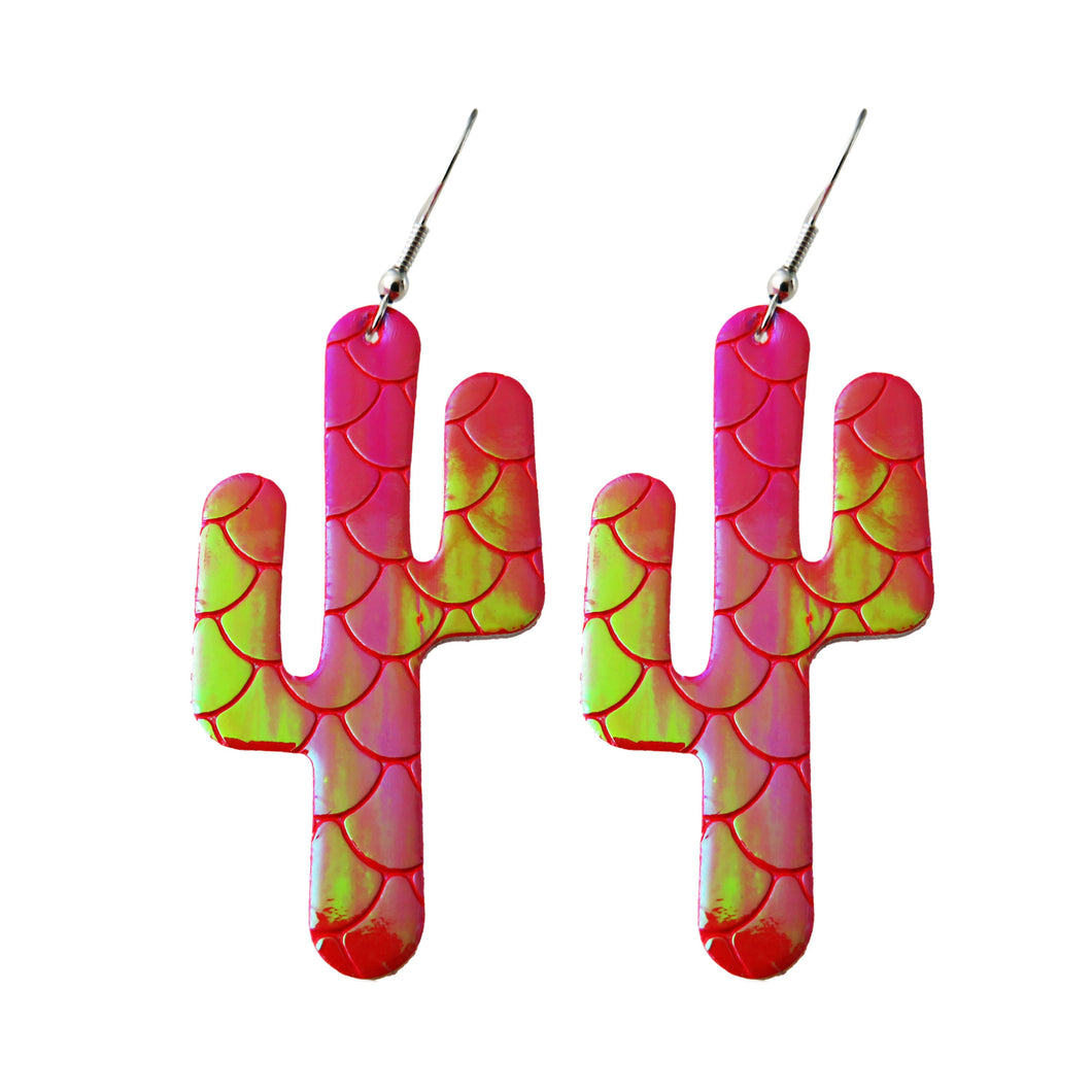 Red Holographic Mermaid Textured Cactus Style Earrings