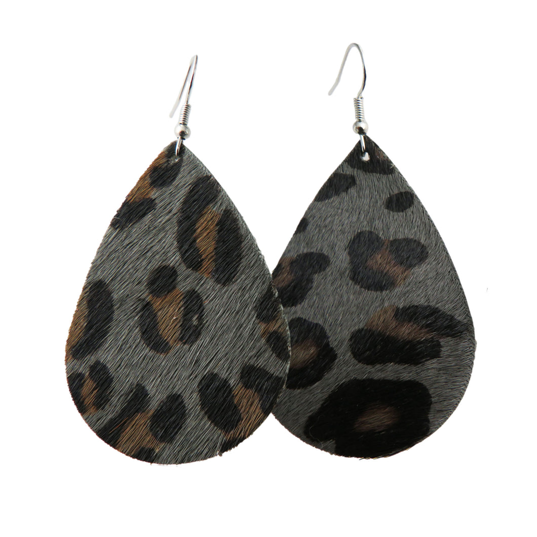 Faux Horse-Hair Gray Leopard Print Tear Drop Earrings