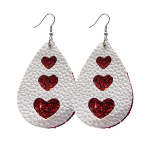 White Leather & Red Glitter Heart Cut Out Earrings
