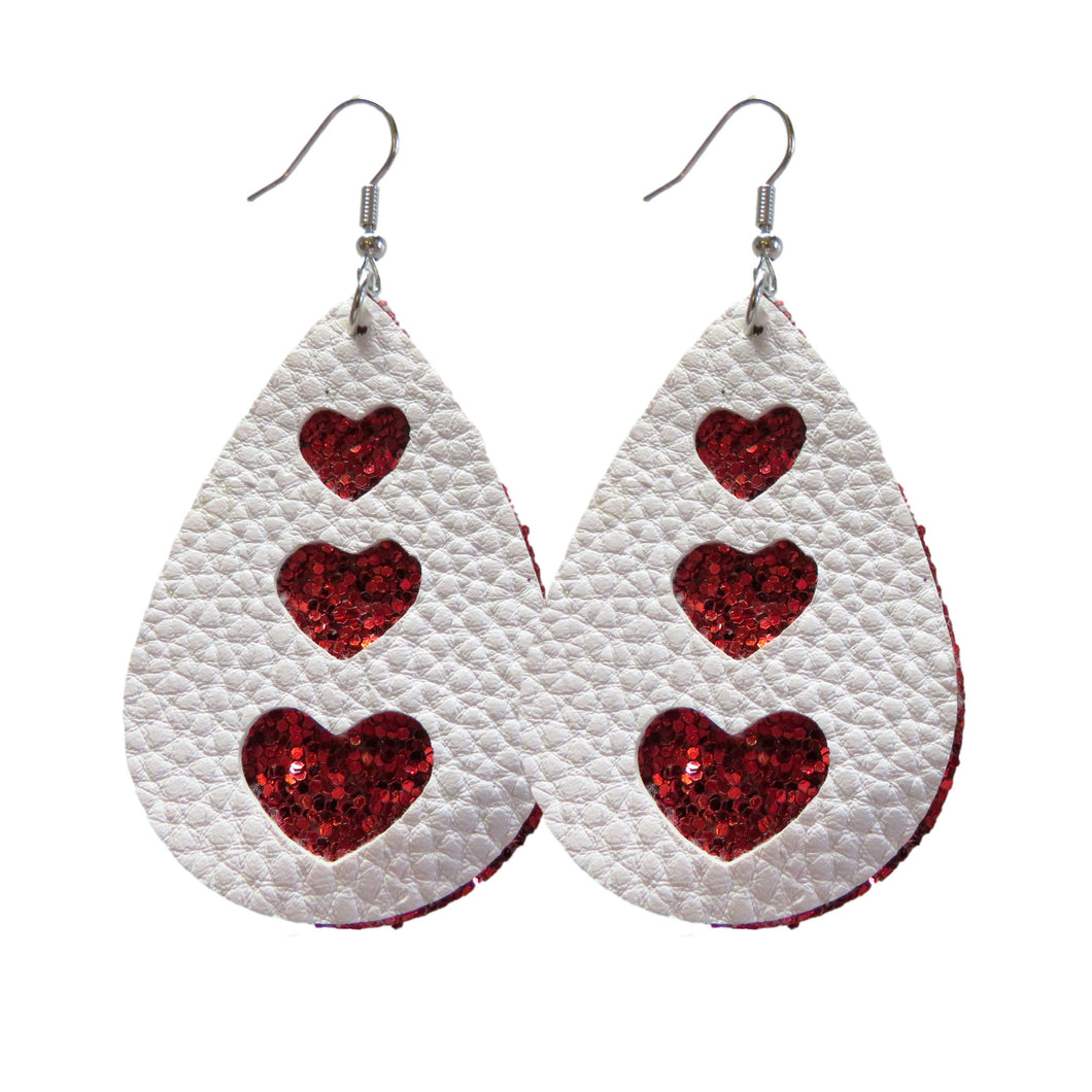 White Leather & Red Glitter Heart Cut Out Earrings