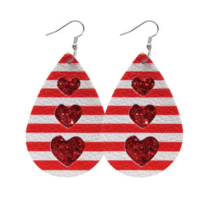 Red and White Leather Stripe & Red Glitter Heart Cut Out Earrings