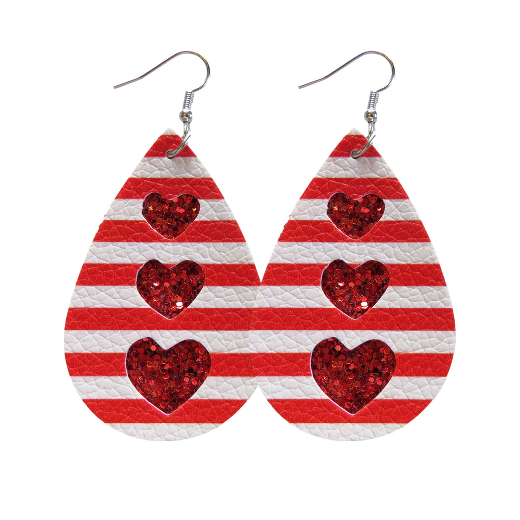 Red and White Leather Stripe & Red Glitter Heart Cut Out Earrings