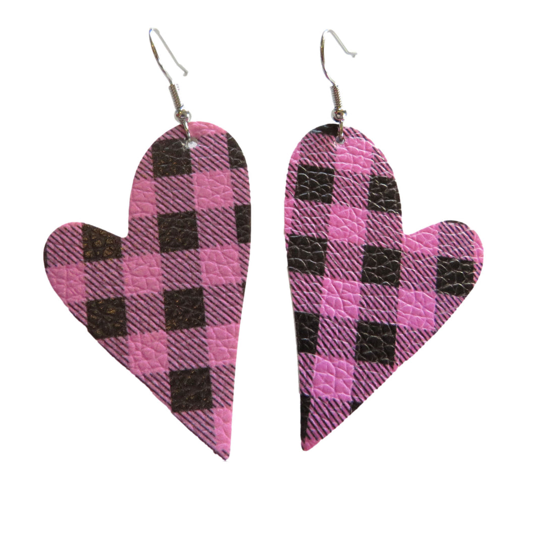 Pink & Black Buffalo Plaid Long Heart Earrings