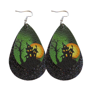 Black Glitter & Haunted House Halloween Layer Earrings