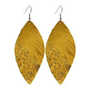 Mustard Yellow & Gold Splatter Accent Leather Fray Style Earrings