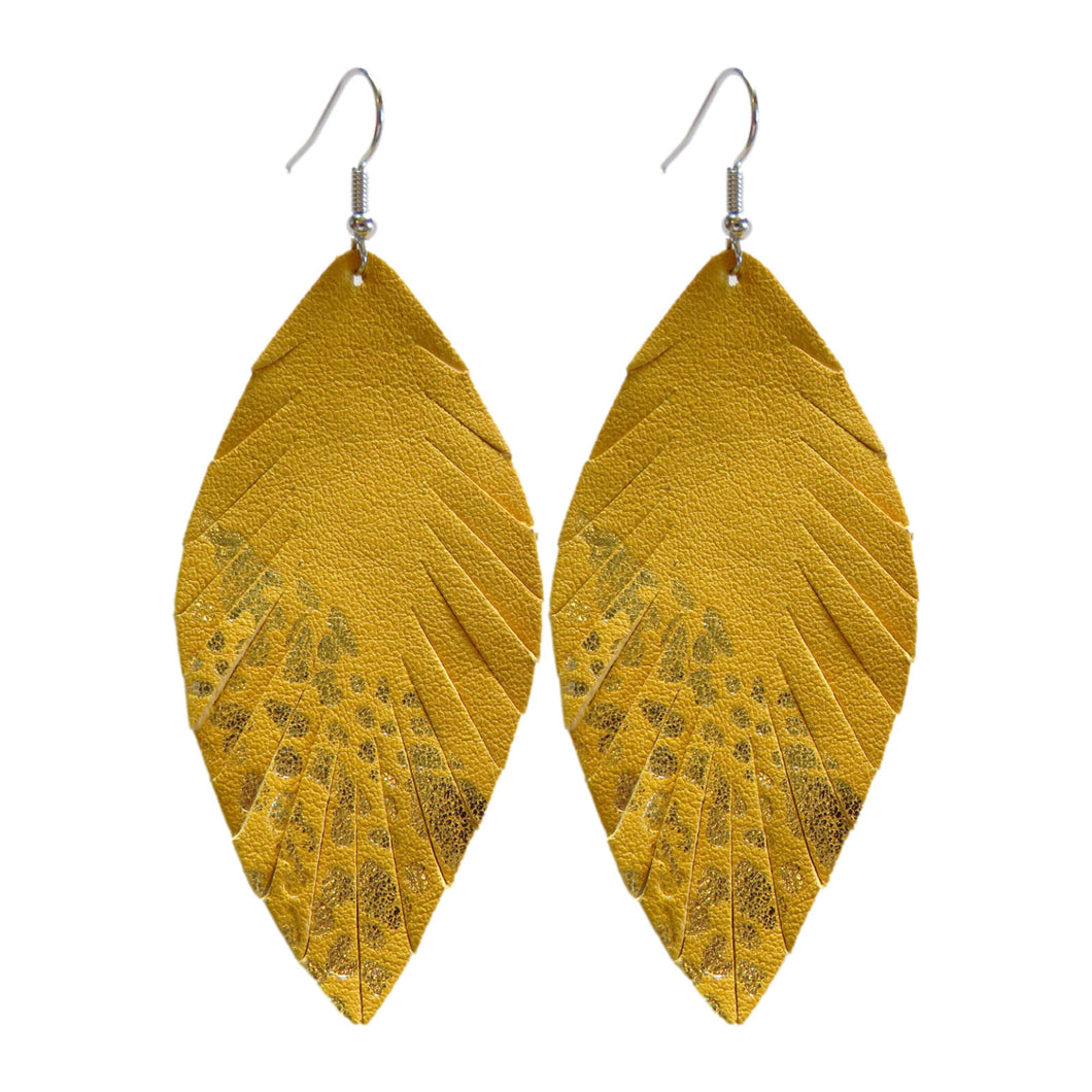 Mustard Yellow & Gold Splatter Accent Leather Fray Style Earrings