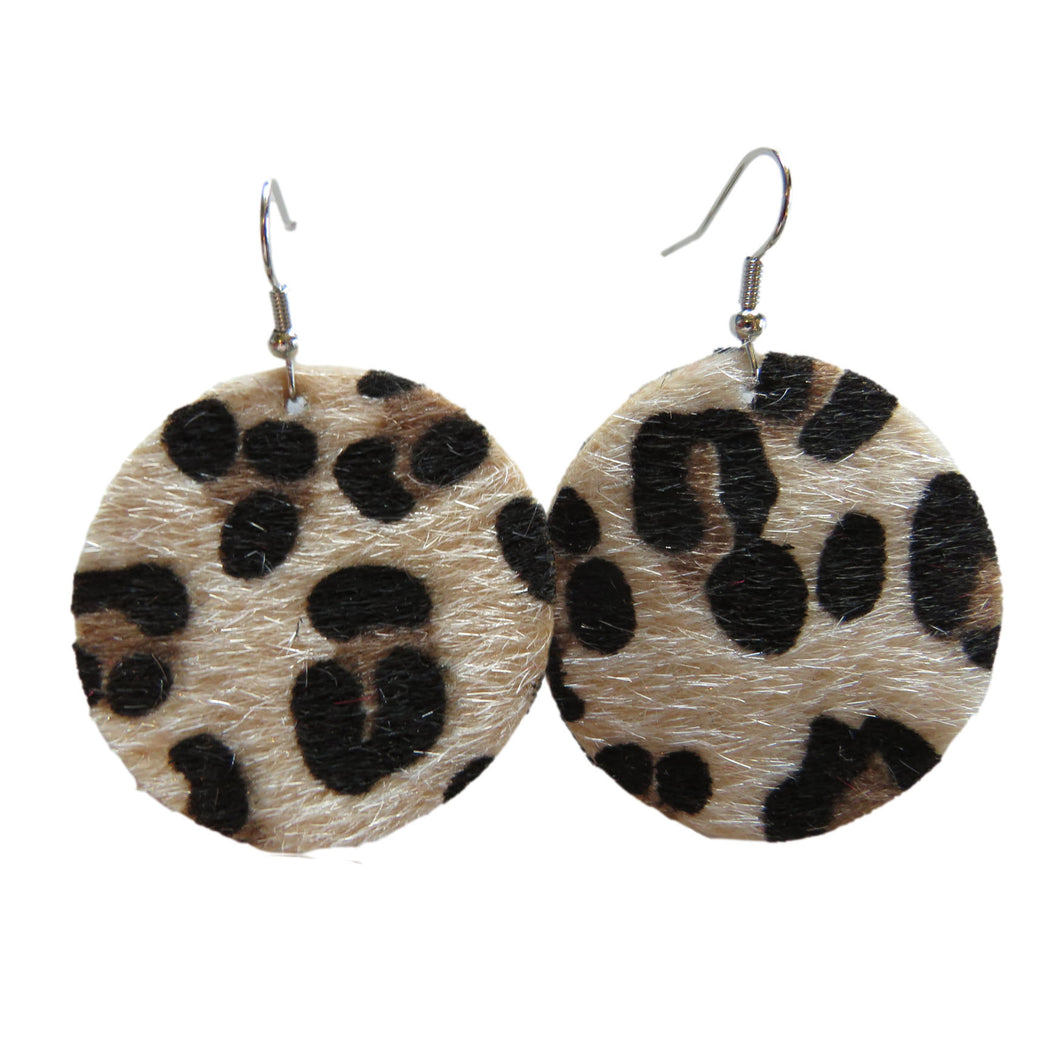 Faux Horse-Hair Tan Leopard Print Circle Earrings