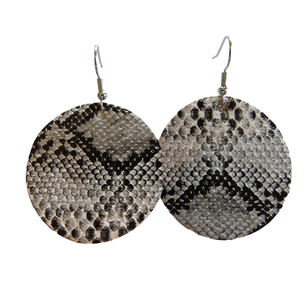 White & Black Snakeskin Circle Faux Leather Earrings